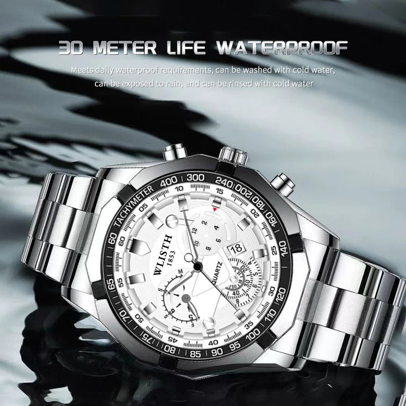 WLISTH Men's Multifunctional Chronograph Watch, Luxury Stainless Steel, Waterproof, Tachymeter Bezel