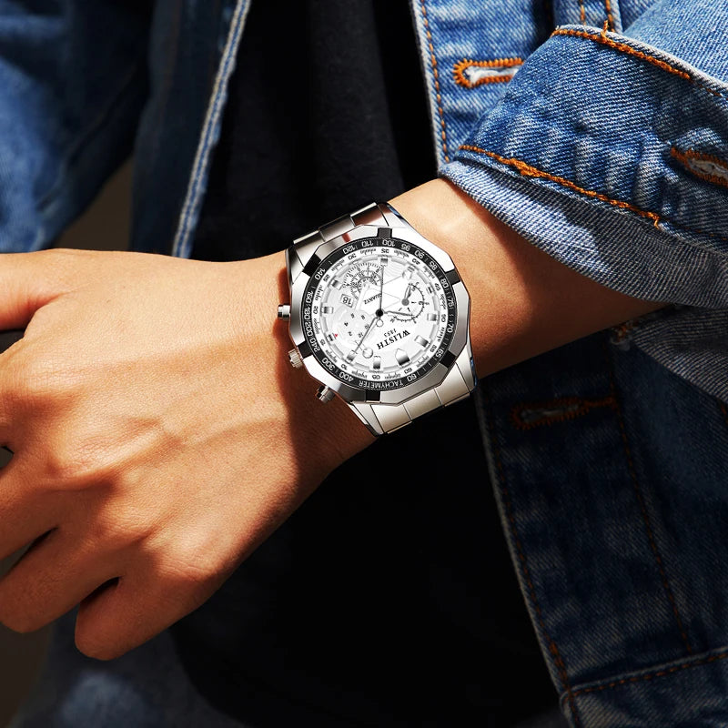 WLISTH Men's Multifunctional Chronograph Watch, Luxury Stainless Steel, Waterproof, Tachymeter Bezel