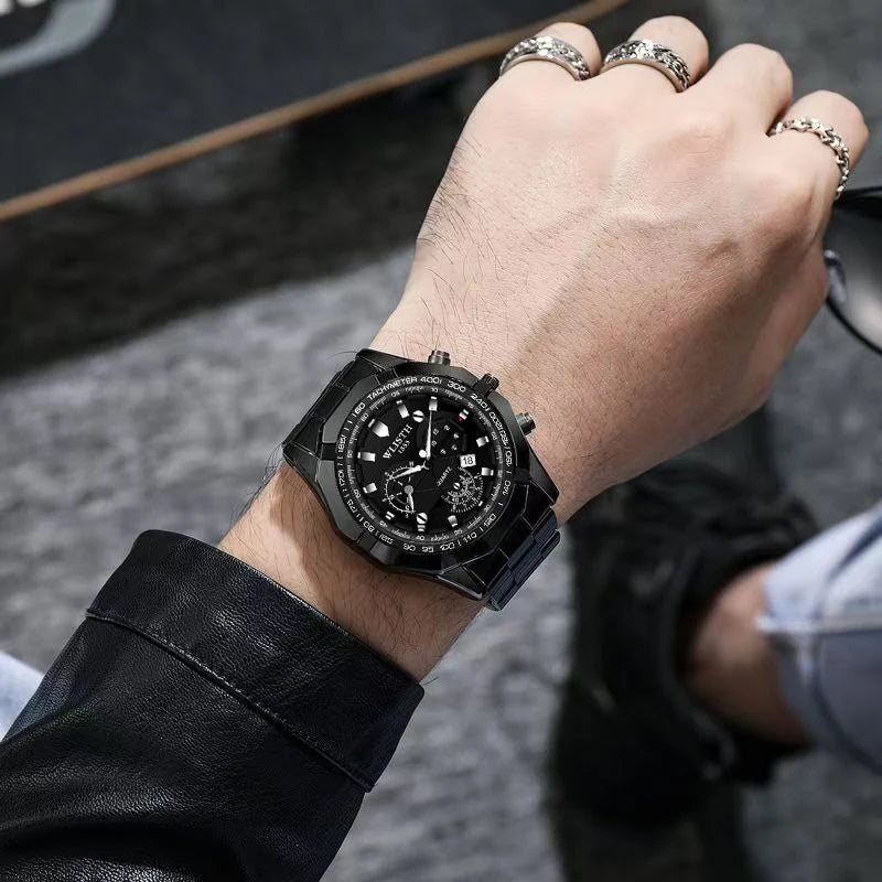 WLISTH Men's Multifunctional Chronograph Watch, Luxury Stainless Steel, Waterproof, Tachymeter Bezel