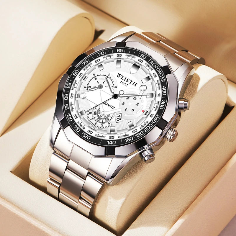 WLISTH Men's Multifunctional Chronograph Watch, Luxury Stainless Steel, Waterproof, Tachymeter Bezel