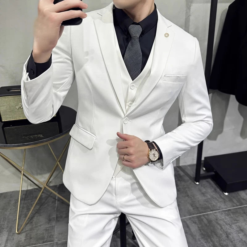 Groom's Wedding Dress ( Jacket + Vest + Pants ) High End Brand Solid Color Men's Casual Business Office Formal Suit 3Pcs Sets