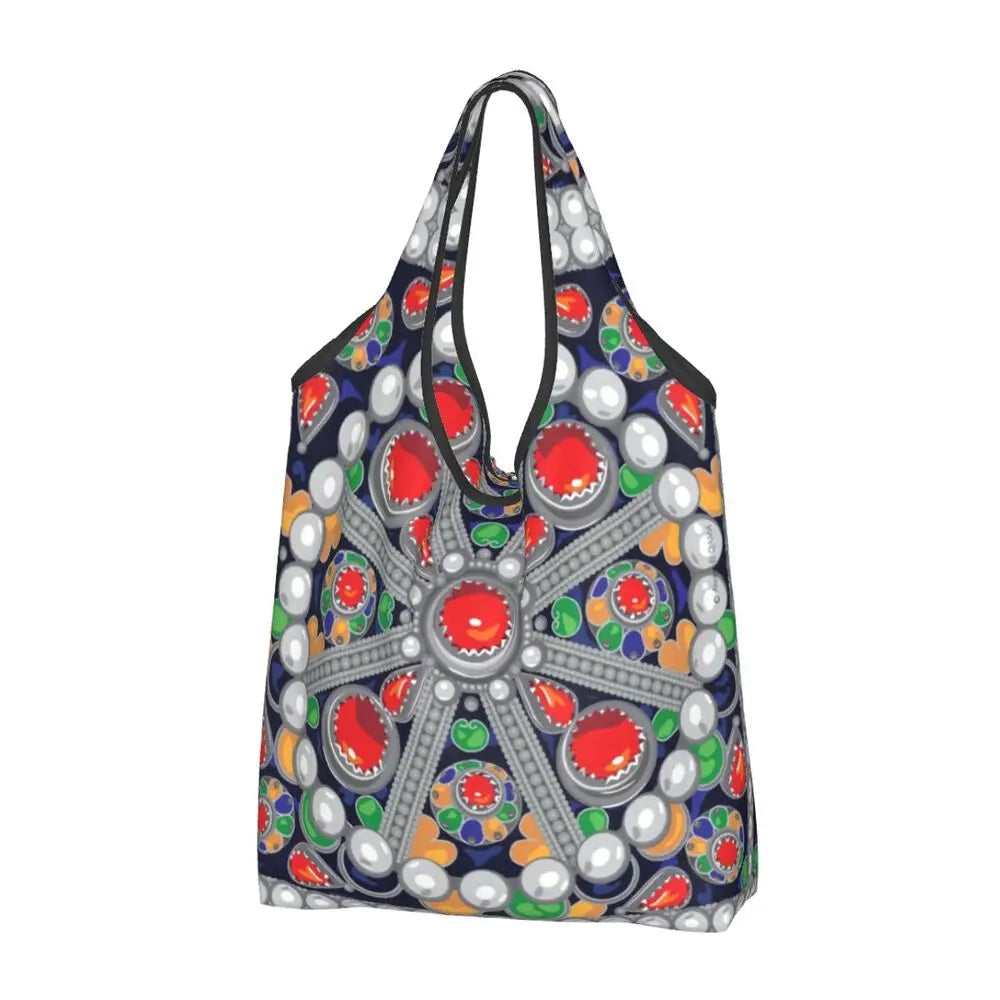 Custom Kabyle Jewelry Shopping Bags Women Portable Large Capacity Groceries Amazigh Carpet Berber Shopper Tote Bags