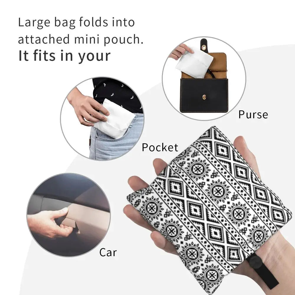 Funny Black Bandana Pattern Shopping Tote Bag Portable Paisley Style Groceries Shopper Shoulder Bag