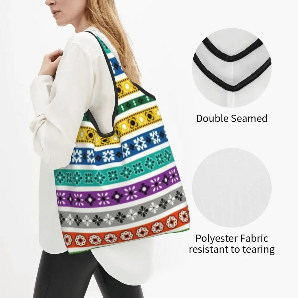 Funny Black Bandana Pattern Shopping Tote Bag Portable Paisley Style Groceries Shopper Shoulder Bag