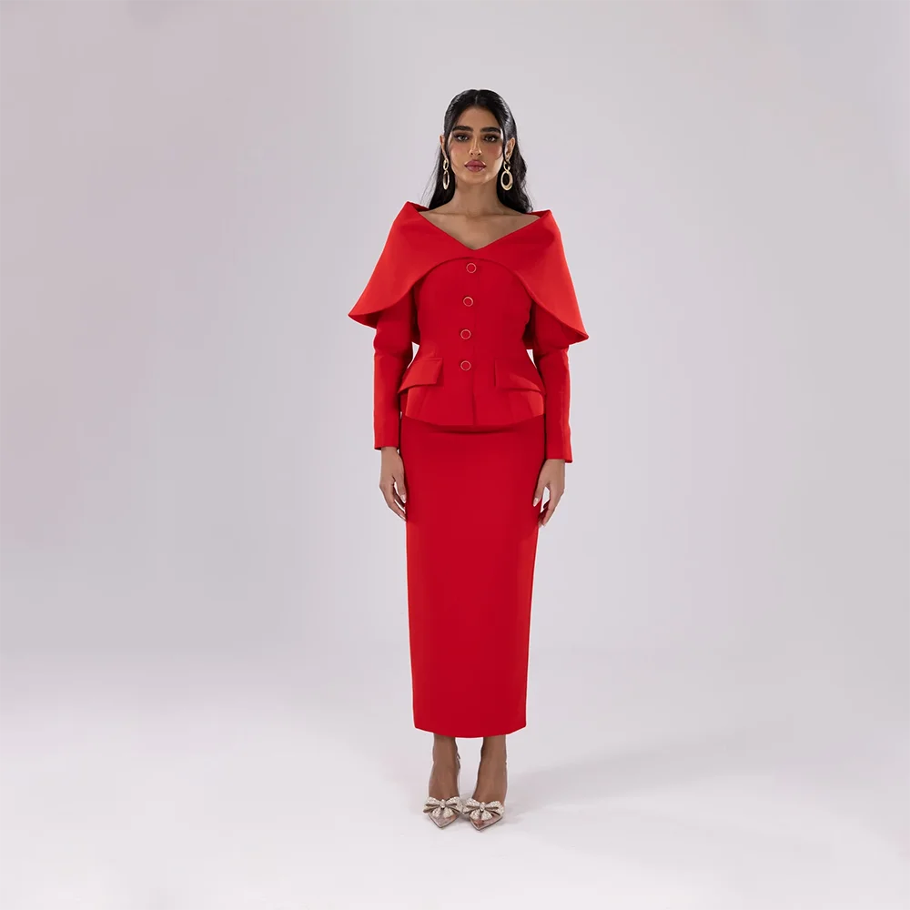 Red Simple Evening Dreeses with Button Cloak Long Sleevles Prom Gowns Customized Straight Ankle Lenght Wedding Guest Party Dress