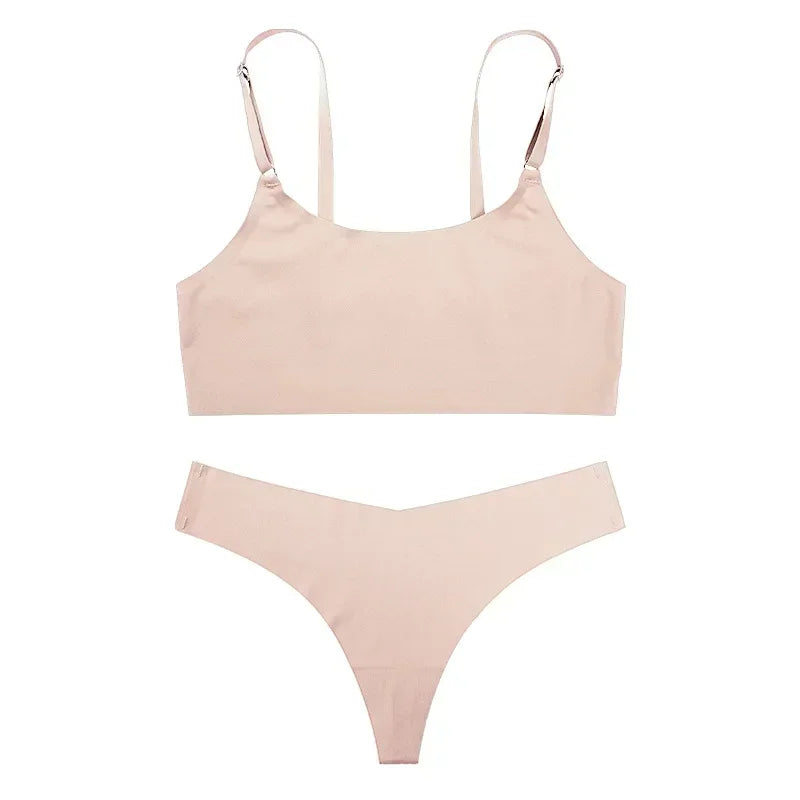 Bra Underwear Set for Women Wireless Spaghetti-Strap Vest Big Chest Small Push up Breathable Sexy Seamless Bra Set