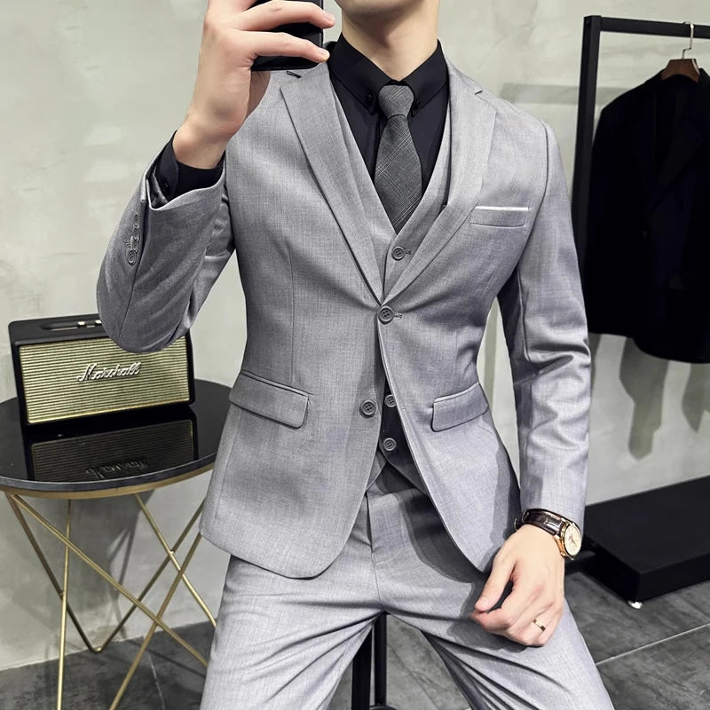 Groom's Wedding Dress ( Jacket + Vest + Pants ) High End Brand Solid Color Men's Casual Business Office Formal Suit 3Pcs Sets