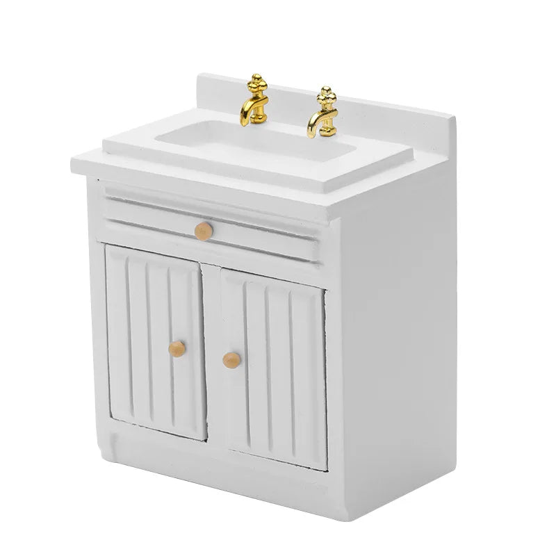 Exquisite 1:12 Miniature Dollhouse Kitchen Cabinet and Sink Set  Cooking Table and Miniature Food Models Birch