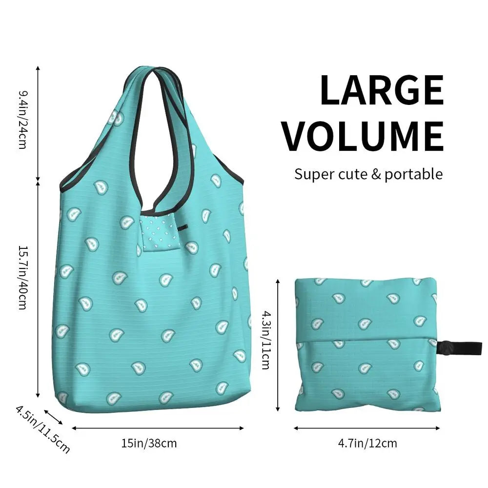 Funny Black Bandana Pattern Shopping Tote Bag Portable Paisley Style Groceries Shopper Shoulder Bag