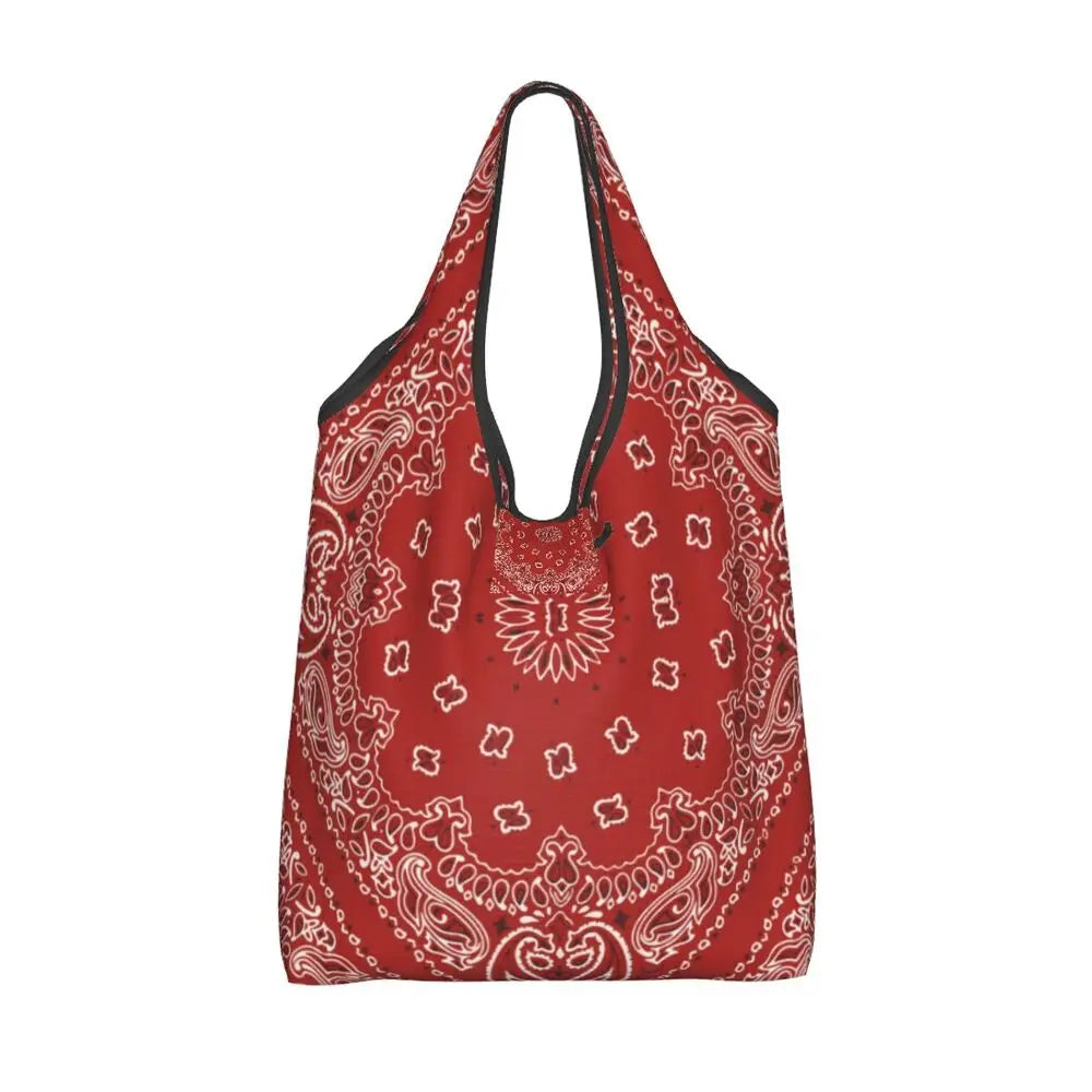 Funny Black Bandana Pattern Shopping Tote Bag Portable Paisley Style Groceries Shopper Shoulder Bag
