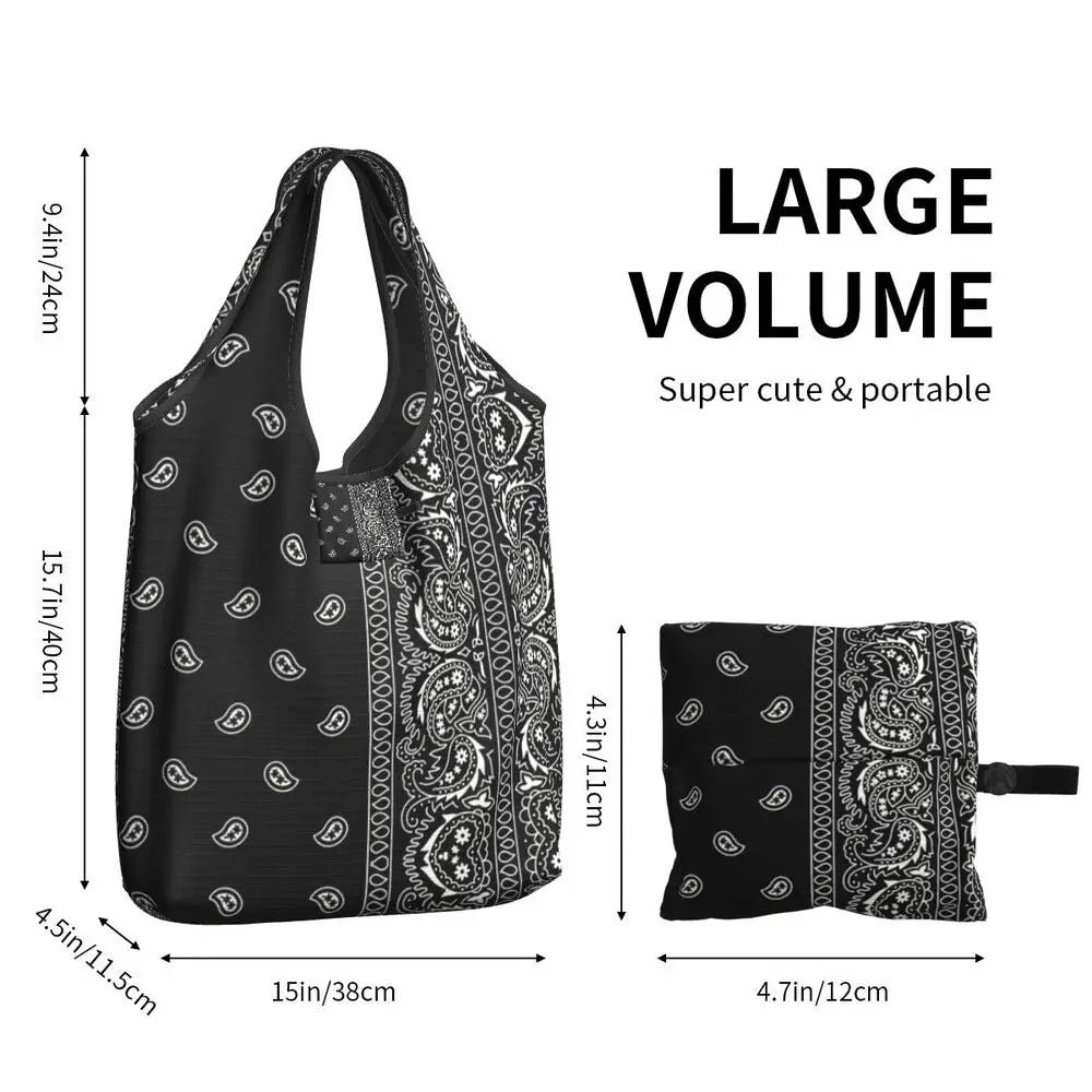 Funny Black Bandana Pattern Shopping Tote Bag Portable Paisley Style Groceries Shopper Shoulder Bag