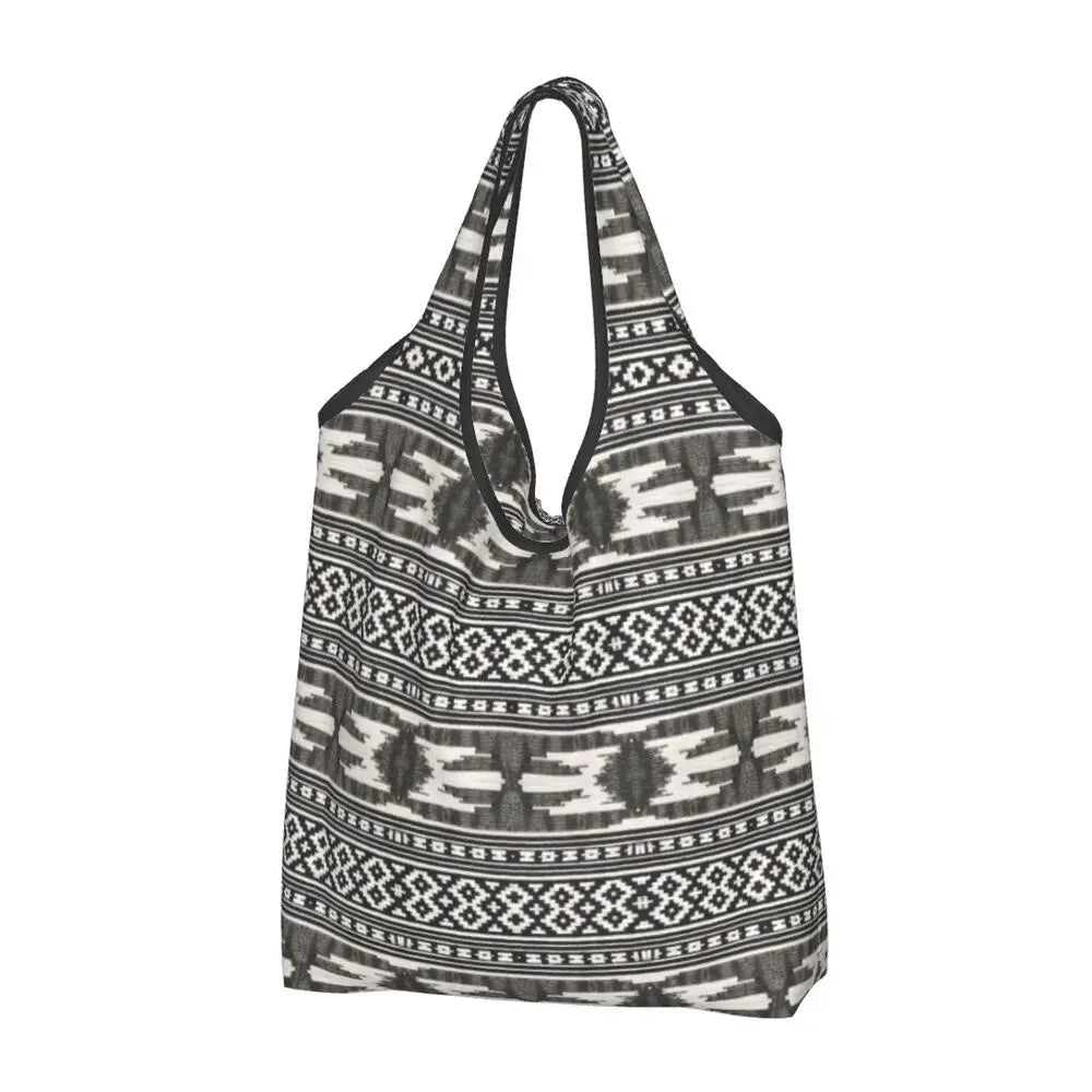 Funny Black Bandana Pattern Shopping Tote Bag Portable Paisley Style Groceries Shopper Shoulder Bag