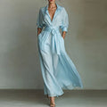 French Dresses Elegant Turn-down Collar High Waist Belted A-Line Party Dress Spring 3/4 Sleeve Pockets Bohemian Maxi Dress Mujer
