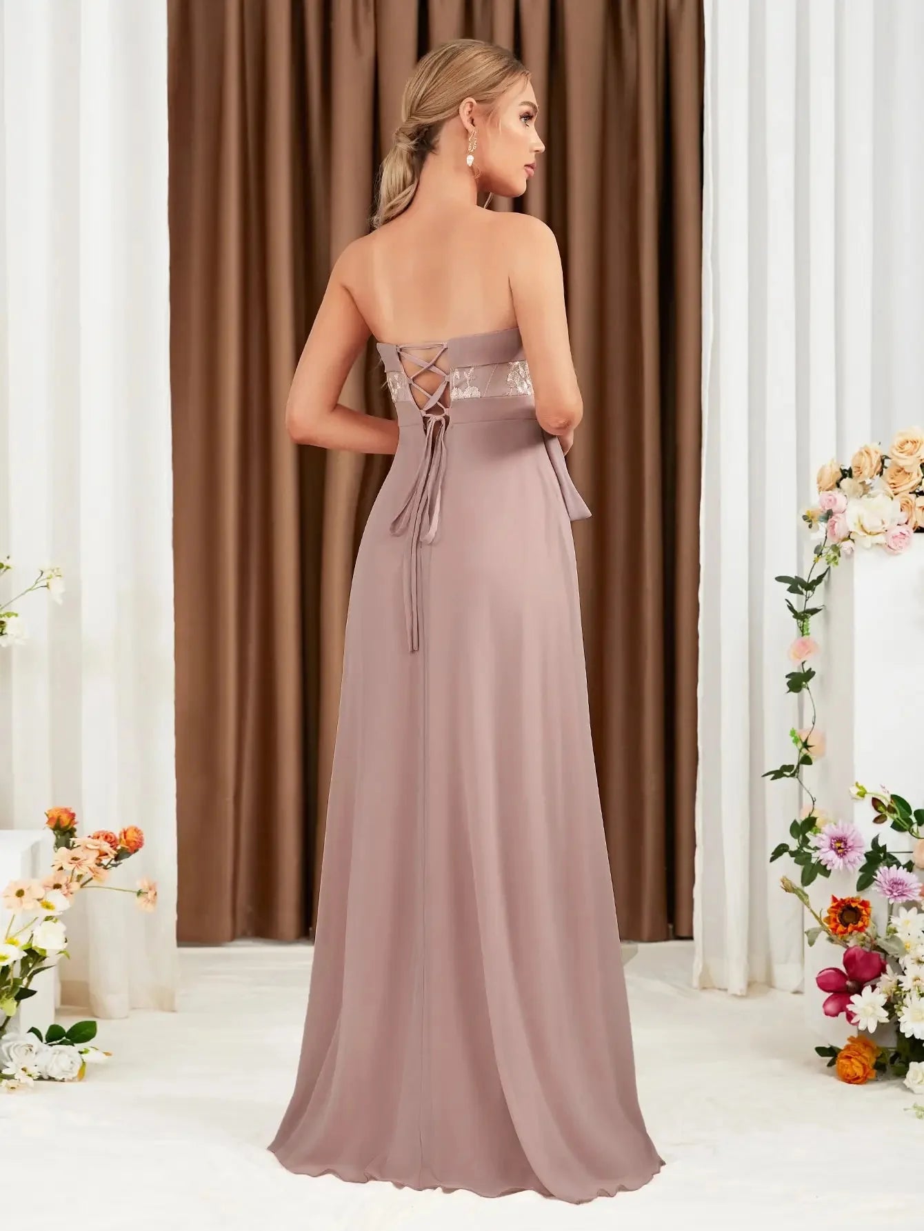 Strapless long dress with front ruffle trim, soft and elegant, showing gentle graceful charm