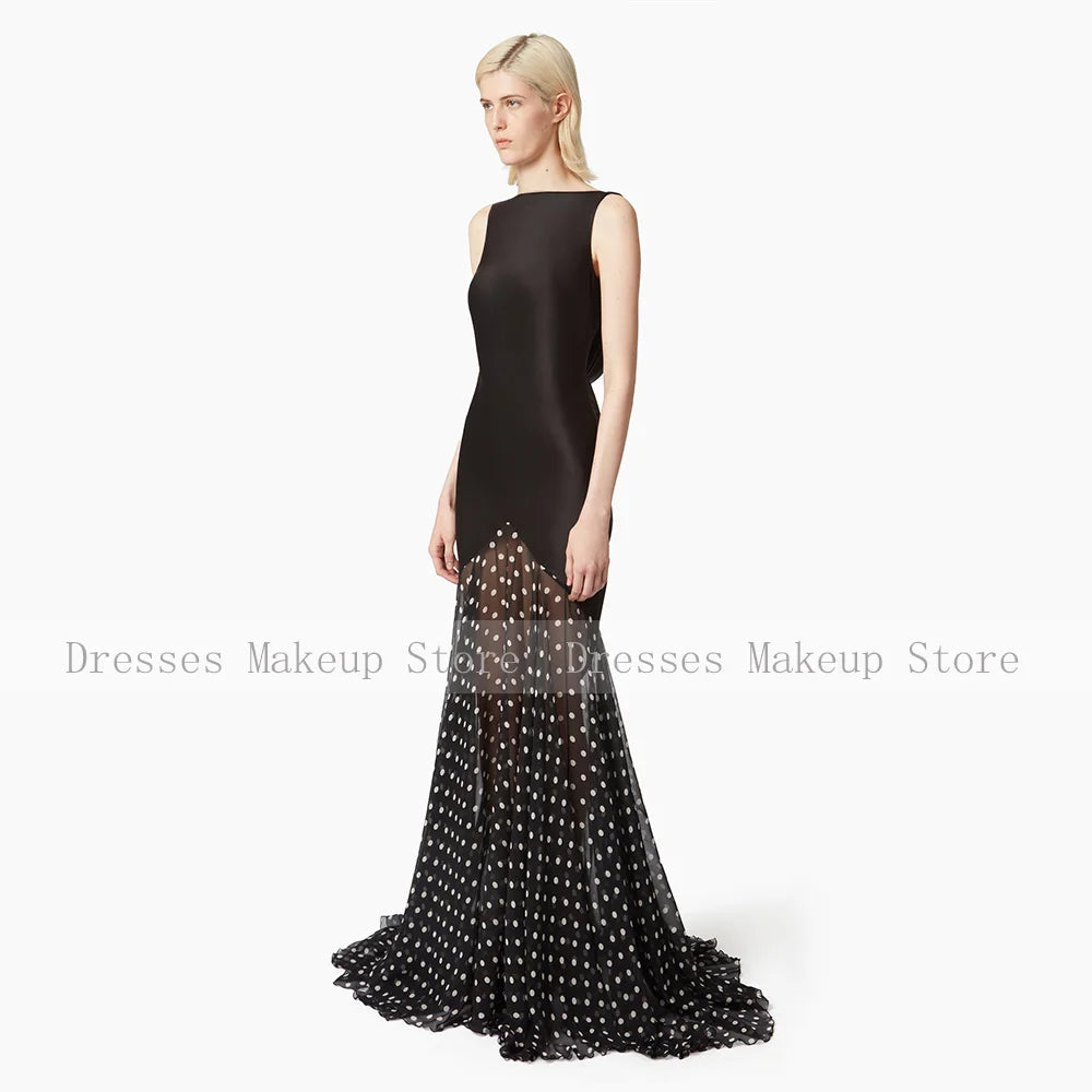 Modern Evening Dress Black Satin Dots Chiffon Backless Sexy Evening Gown Mermaid Sleeveless Trumpet Women's Formal Party Dresses