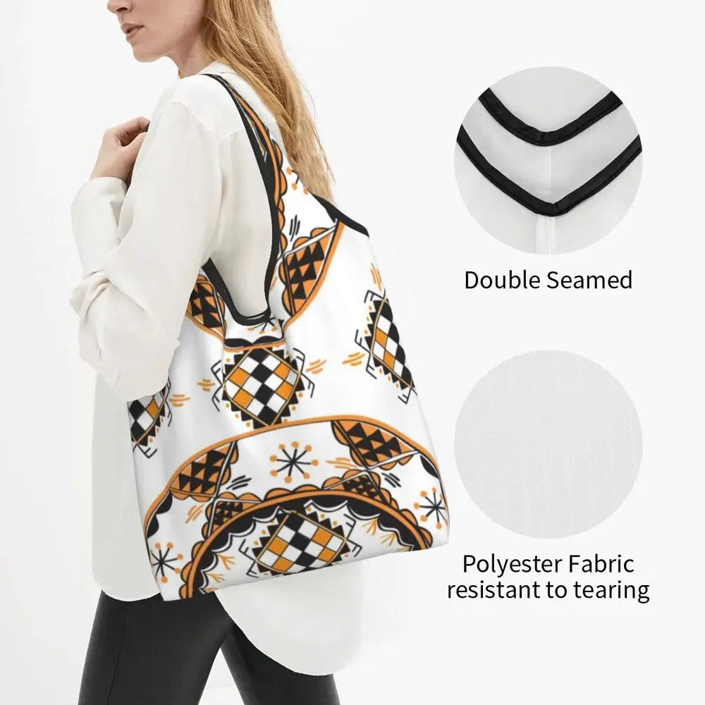 Custom Kabyle Jewelry Shopping Bags Women Portable Large Capacity Groceries Amazigh Carpet Berber Shopper Tote Bags