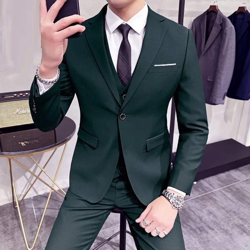 Groom's Wedding Dress ( Jacket + Vest + Pants ) High End Brand Solid Color Men's Casual Business Office Formal Suit 3Pcs Sets