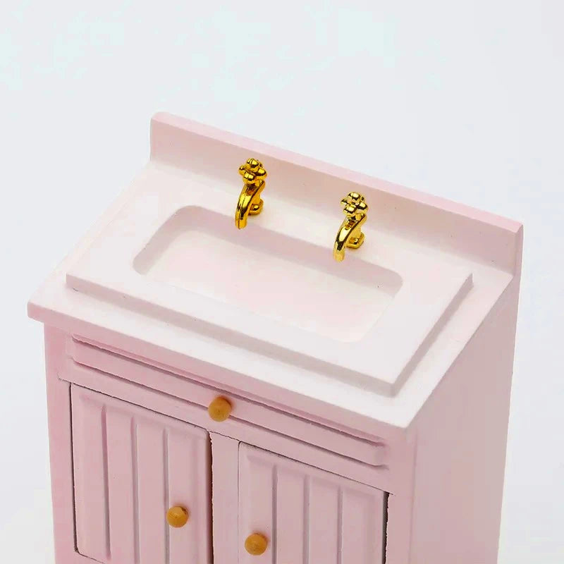 Exquisite 1:12 Miniature Dollhouse Kitchen Cabinet and Sink Set  Cooking Table and Miniature Food Models Birch