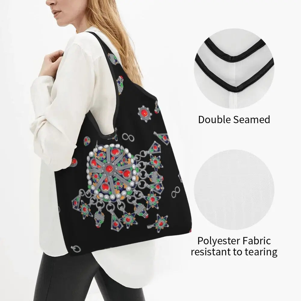 Custom Kabyle Jewelry Shopping Bags Women Portable Large Capacity Groceries Amazigh Carpet Berber Shopper Tote Bags