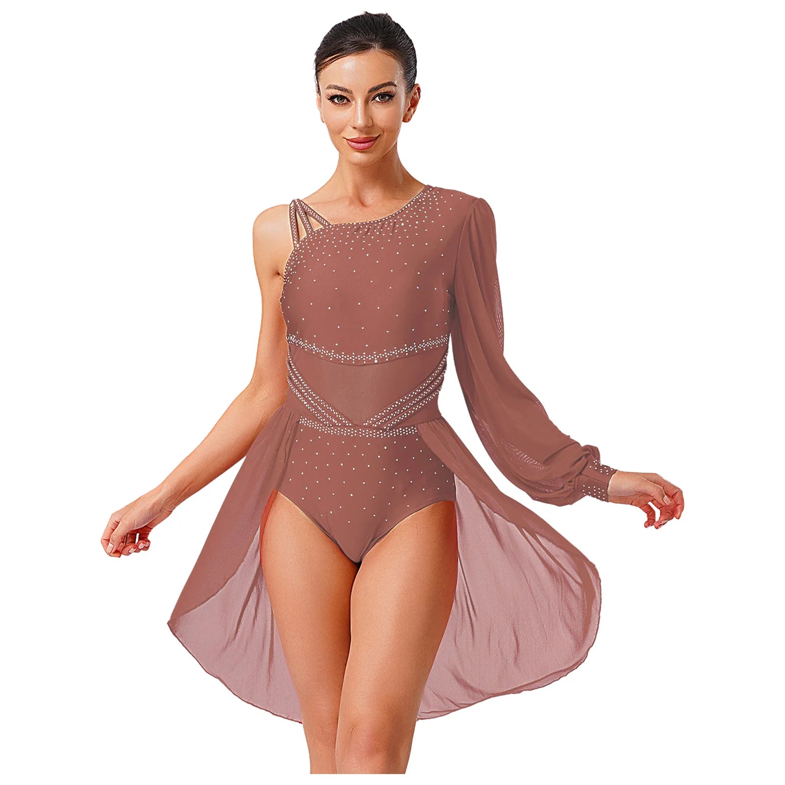 Women Latin Dress Lyrical Modern Dancing Costume Fashion One-shoulder Single Sleeve Rhinestone Press Button Design Rhythm Dress