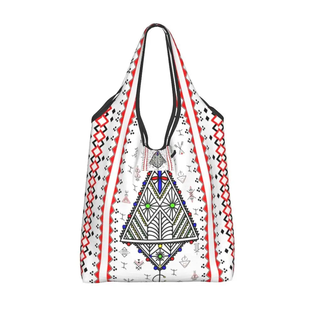 Custom Kabyle Jewelry Shopping Bags Women Portable Large Capacity Groceries Amazigh Carpet Berber Shopper Tote Bags