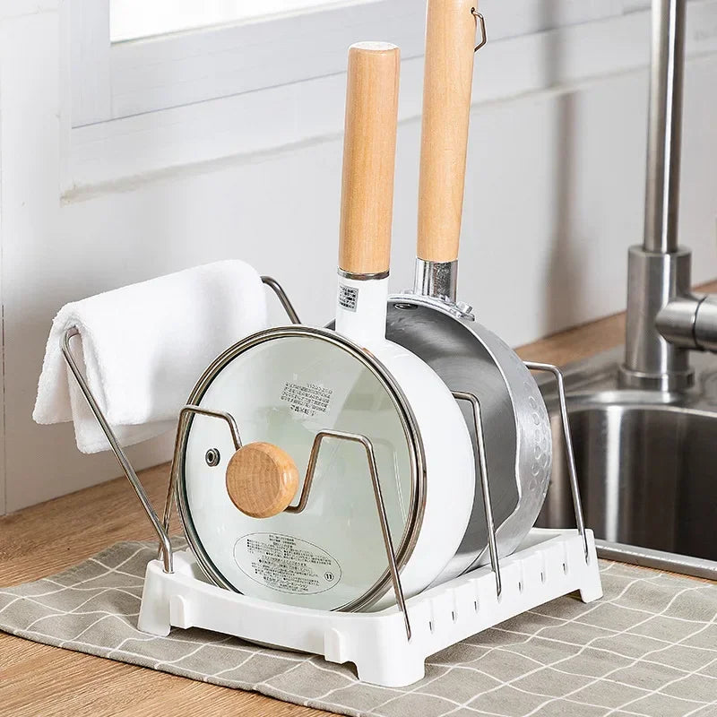 Kitchen Organizer Adjustable Pot Lid Rack, Spoon Holder Shelf, Cooking Dish Drainer Drying Rack, Pan Cover Stand