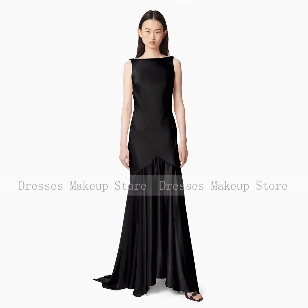 Modern Evening Dress Black Satin Dots Chiffon Backless Sexy Evening Gown Mermaid Sleeveless Trumpet Women's Formal Party Dresses