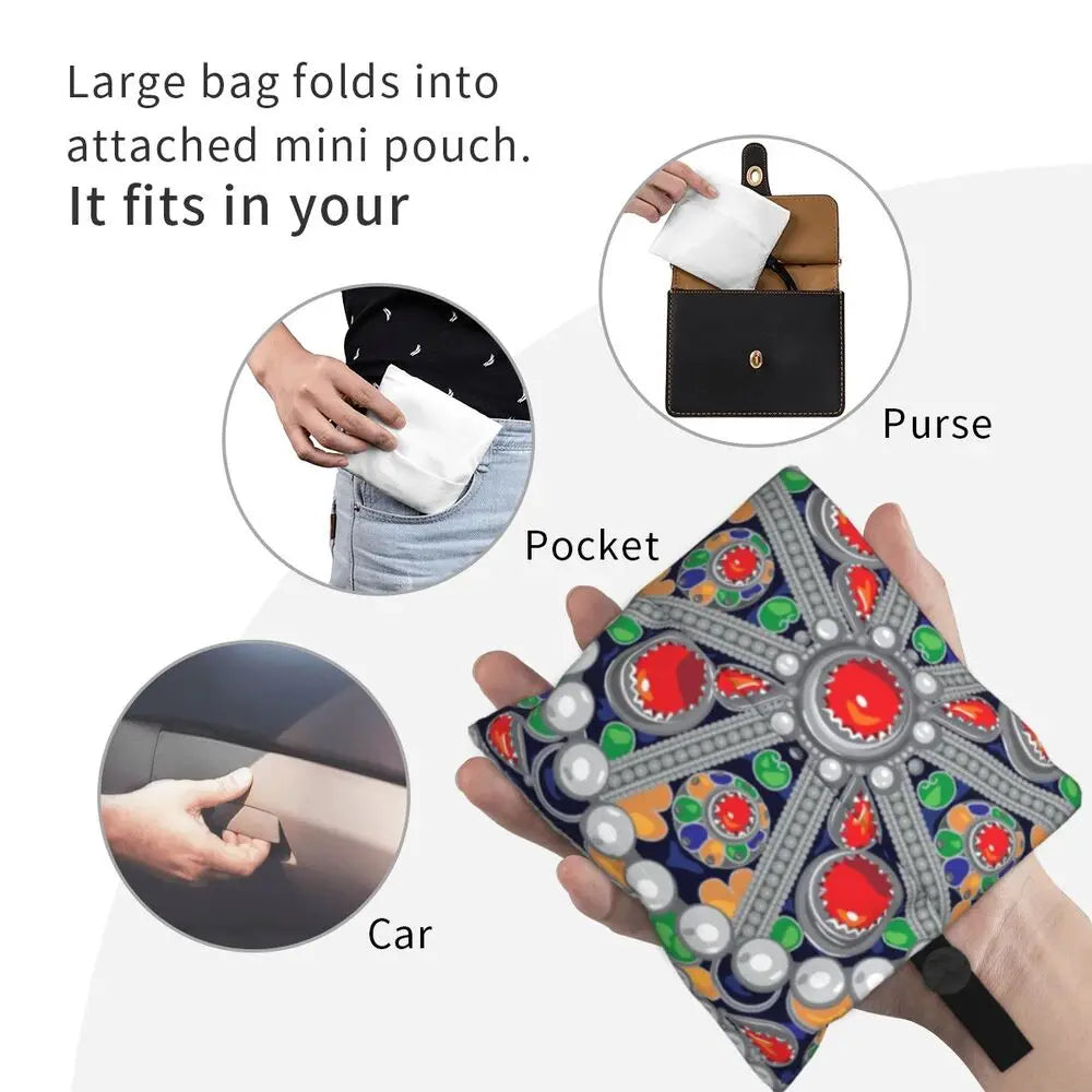 Custom Kabyle Jewelry Shopping Bags Women Portable Large Capacity Groceries Amazigh Carpet Berber Shopper Tote Bags