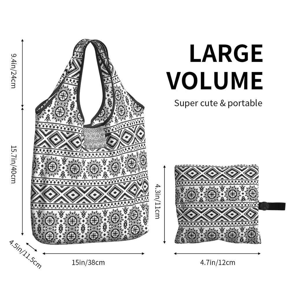 Funny Black Bandana Pattern Shopping Tote Bag Portable Paisley Style Groceries Shopper Shoulder Bag