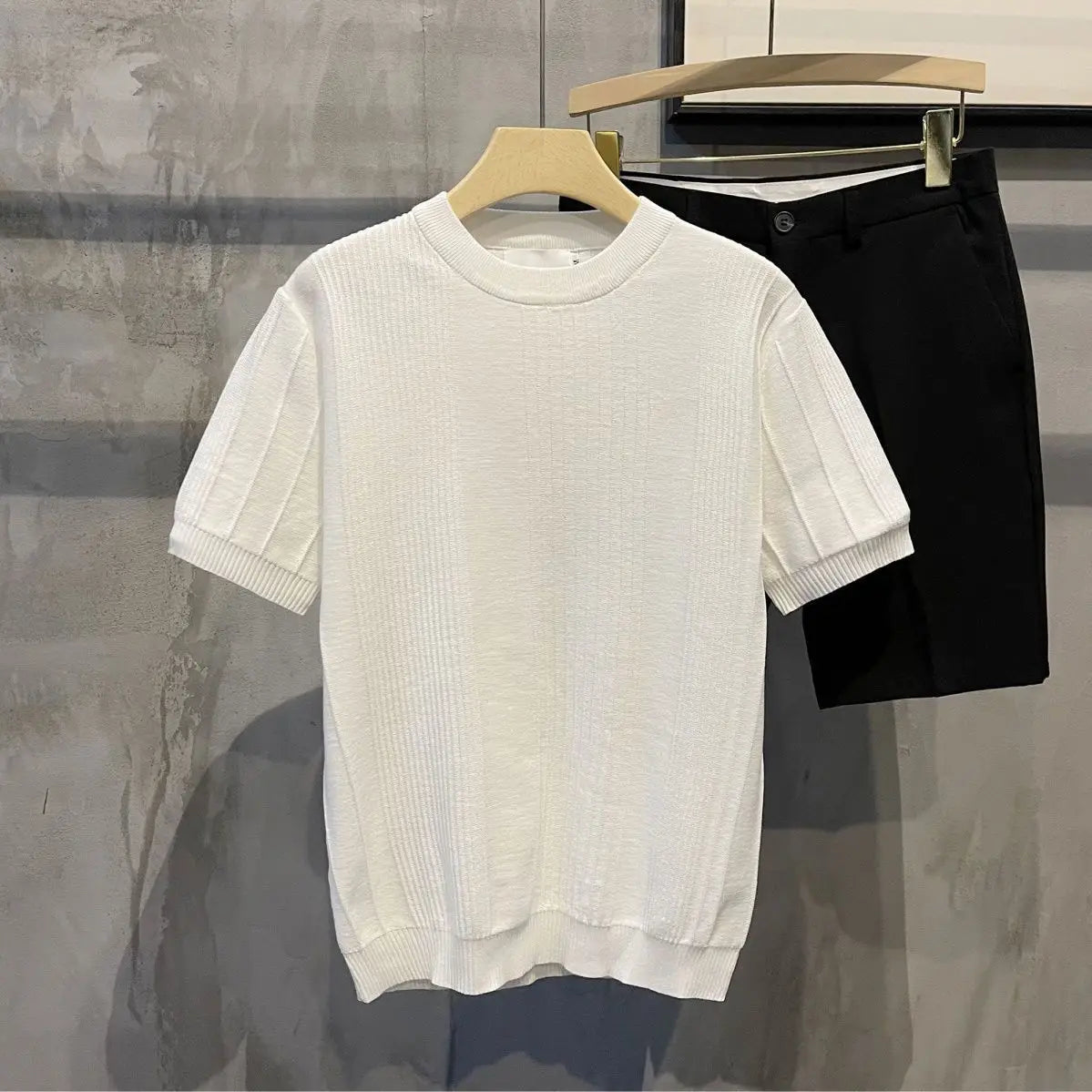 Short-sleeved T-shirt for Men Striped Crochet Knitwear Retro Solid Luxury T-Shirts Slim Stylish Spring Summer Cool Casual Shirt
