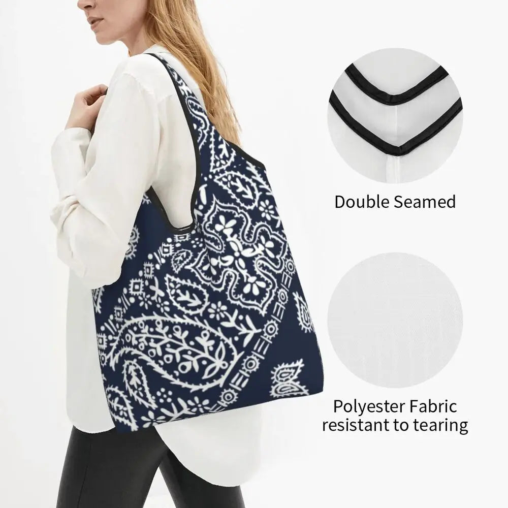 Funny Black Bandana Pattern Shopping Tote Bag Portable Paisley Style Groceries Shopper Shoulder Bag