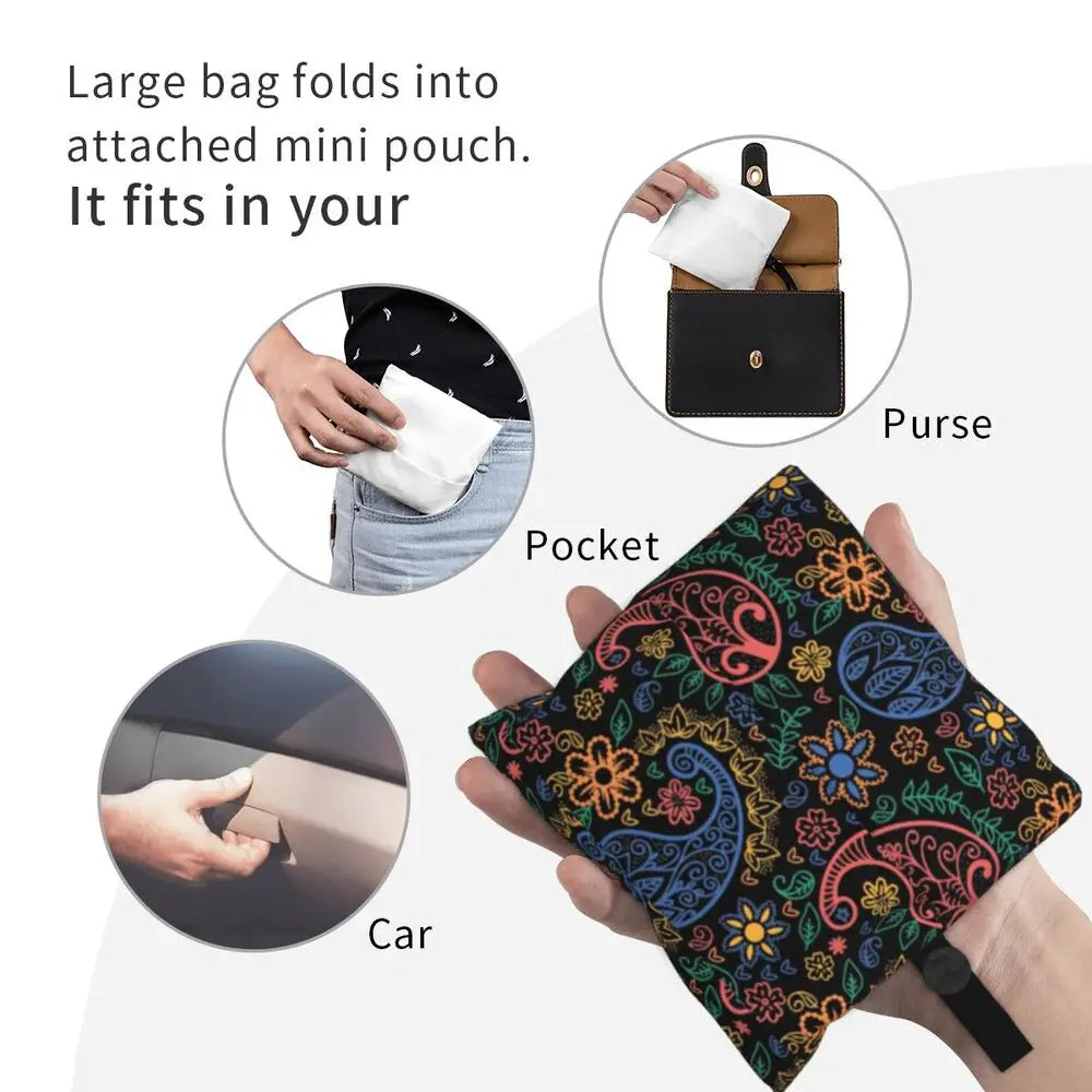 Funny Black Bandana Pattern Shopping Tote Bag Portable Paisley Style Groceries Shopper Shoulder Bag
