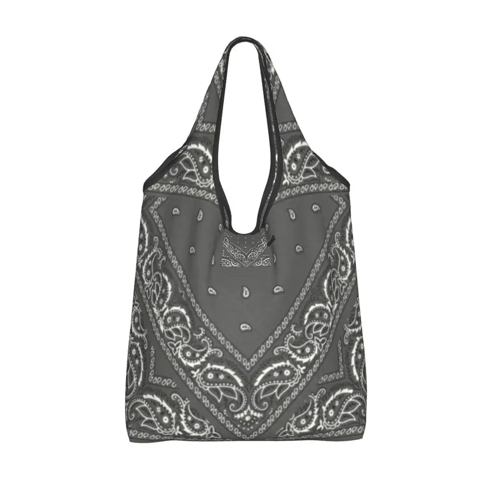 Funny Black Bandana Pattern Shopping Tote Bag Portable Paisley Style Groceries Shopper Shoulder Bag