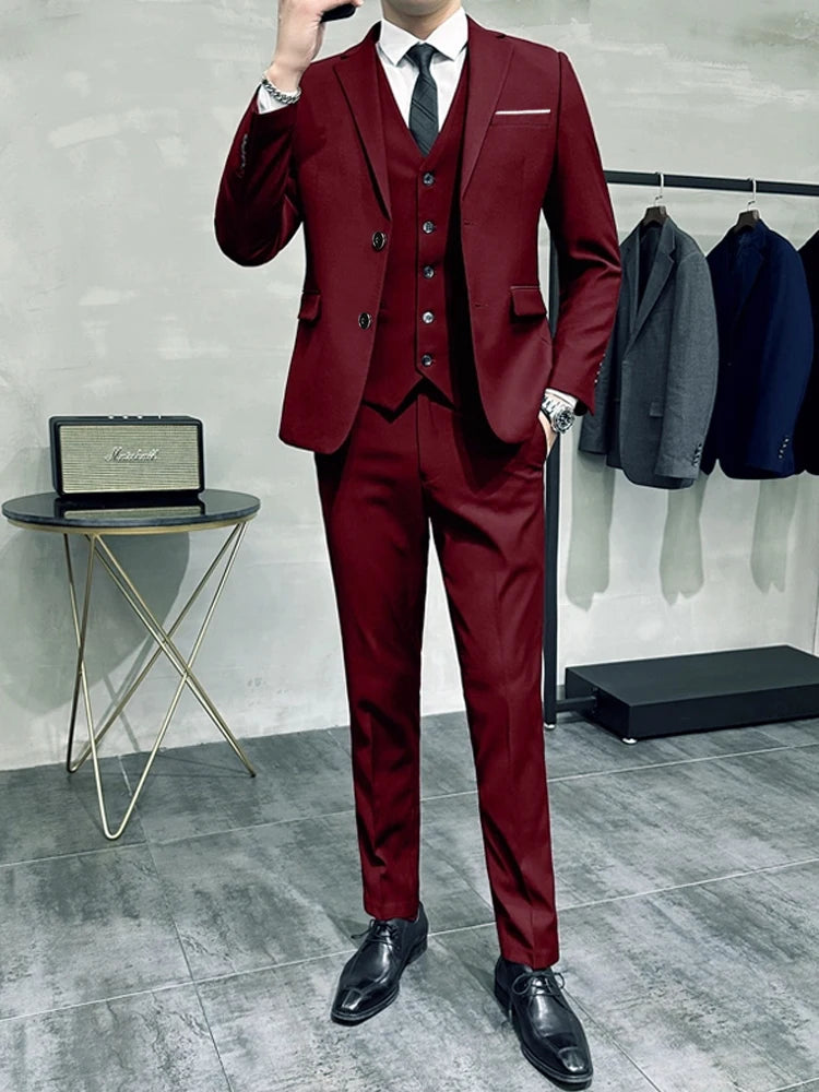Groom's Wedding Dress ( Jacket + Vest + Pants ) High End Brand Solid Color Men's Casual Business Office Formal Suit 3Pcs Sets