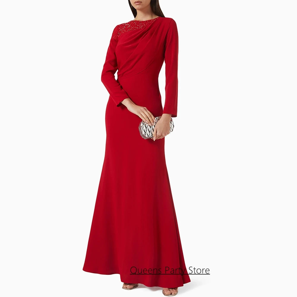Evening Dress for Woman Customized Round Neck Full Sleeves Sequined Lace Pleat Red Prom Gown Arabian Party Dresses