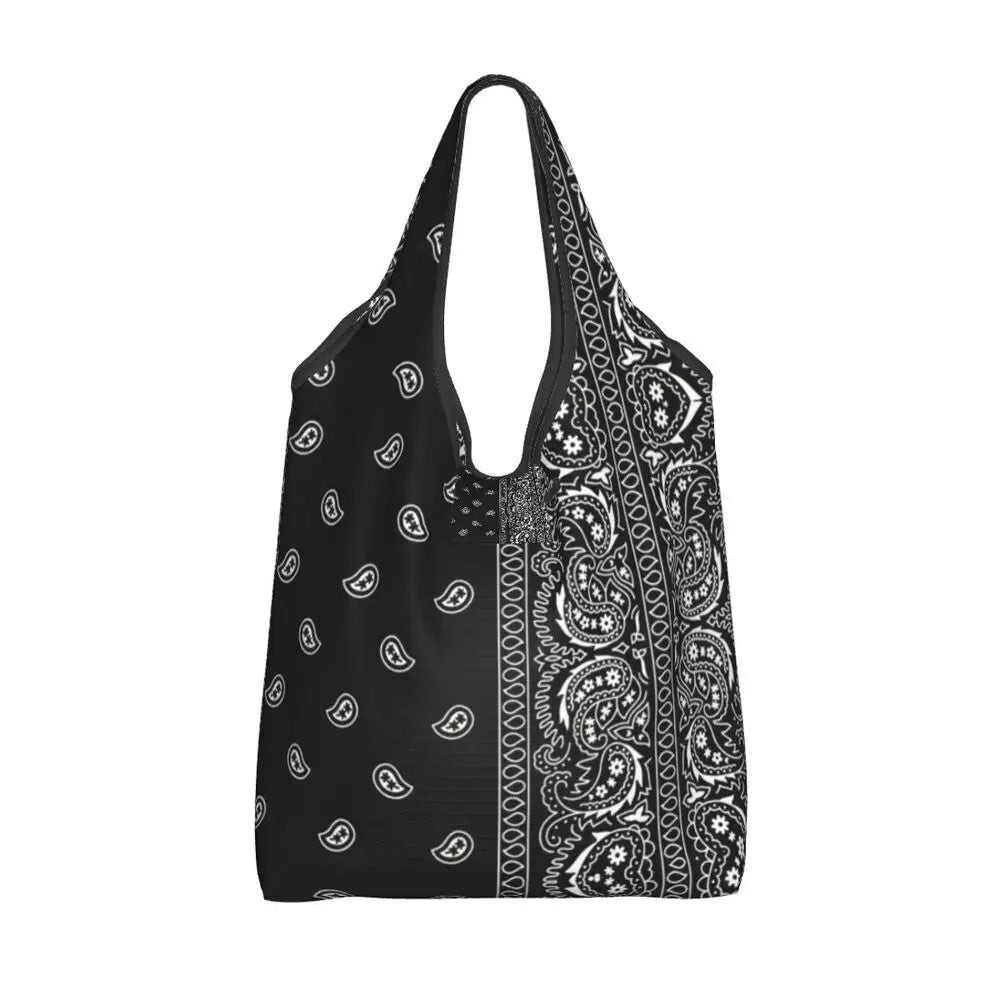 Funny Black Bandana Pattern Shopping Tote Bag Portable Paisley Style Groceries Shopper Shoulder Bag