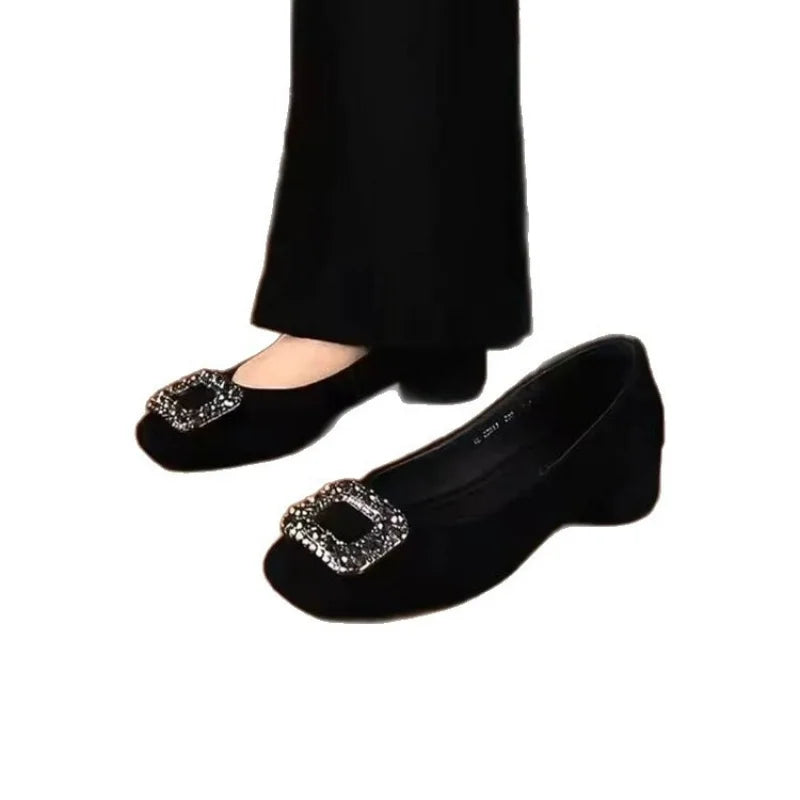 Low-heeled square-toed rhinestone casual shoes for women2026New spring and autumn black low-cut stylish chunky heel work shoes