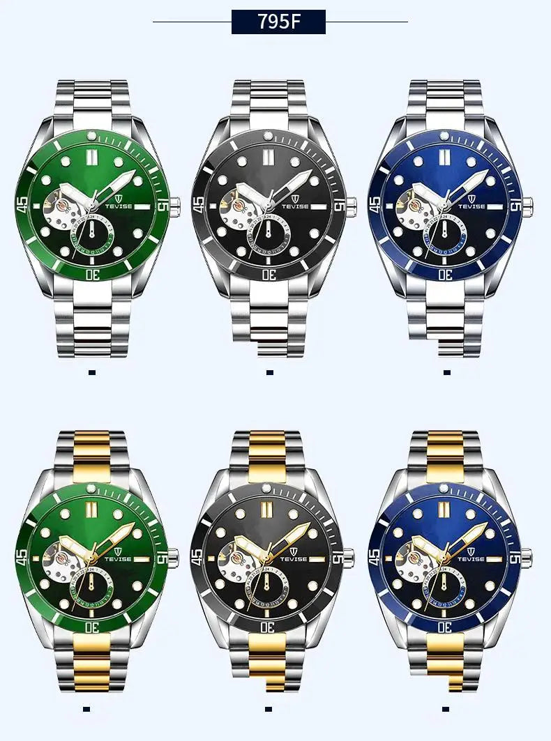 TEVISE Watch Automatic Mechanical Movement Fashion Stainless Steel Strap Skeleton Watch Luminous 24 Hour Wristwatch Waterproof