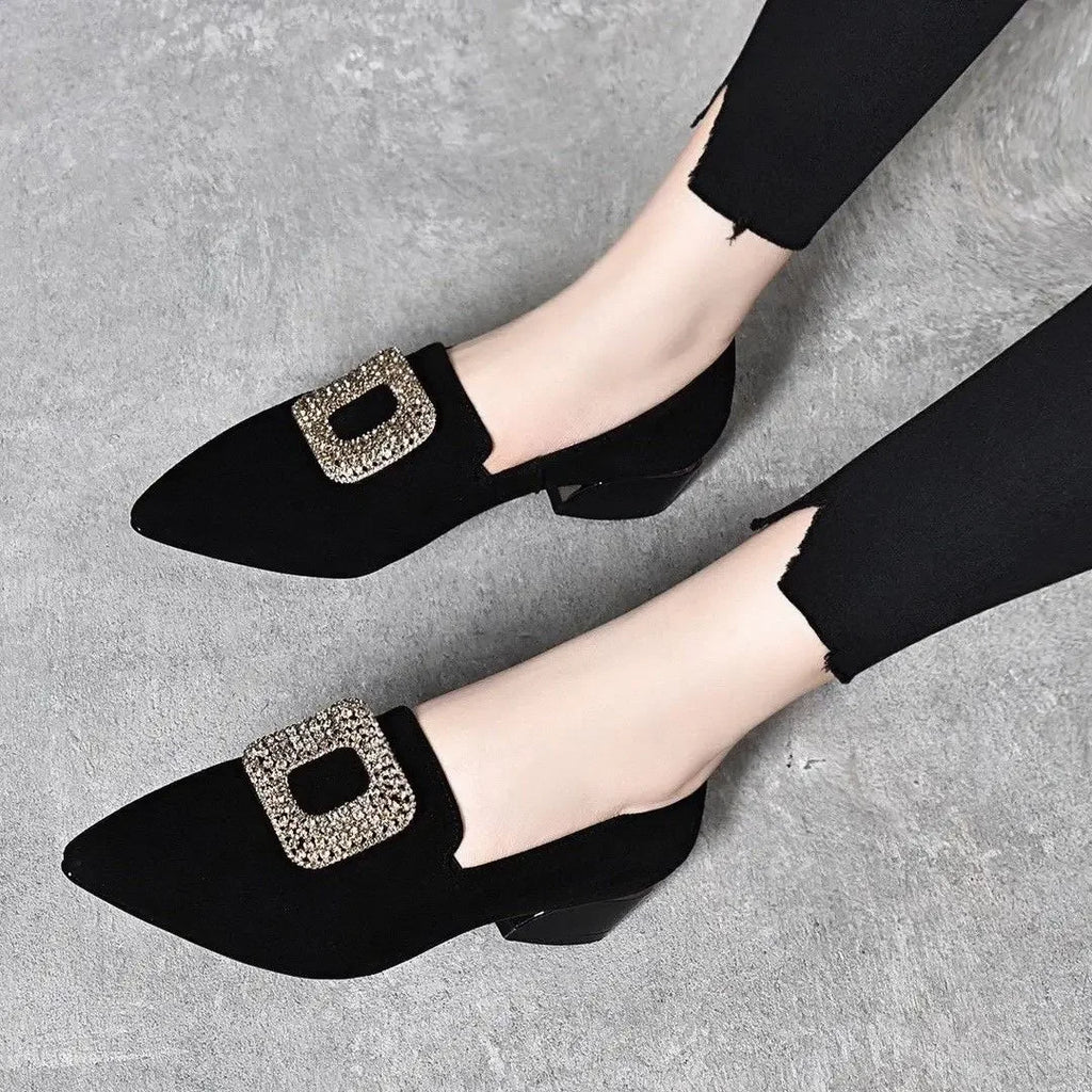 Diamond Shoes for Women Block Heel Pointed Toe Moccasins Woman Pumps Korean Style Casual Footwear Summer 2025 Vacation Popular