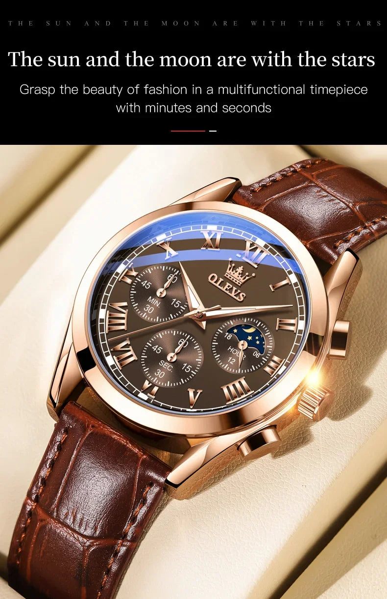 OLEVS 2871 Men Watch Quartz Watch Multifunctional Chronograph Watch Man Waterproof Luminous Moon Phase Watch