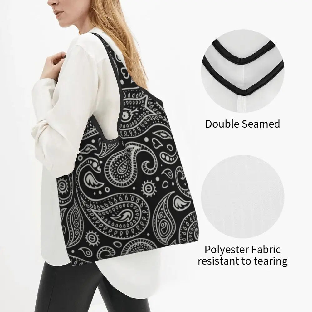 Funny Black Bandana Pattern Shopping Tote Bag Portable Paisley Style Groceries Shopper Shoulder Bag