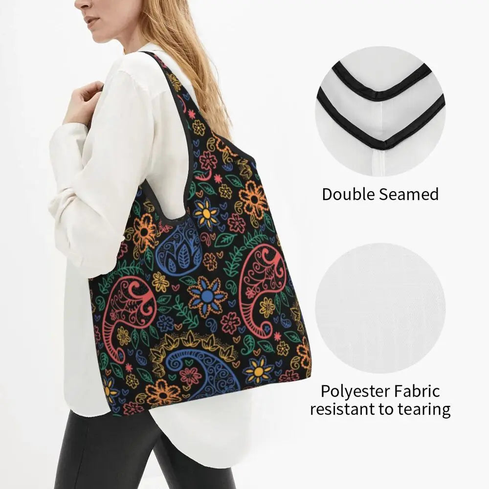 Funny Black Bandana Pattern Shopping Tote Bag Portable Paisley Style Groceries Shopper Shoulder Bag