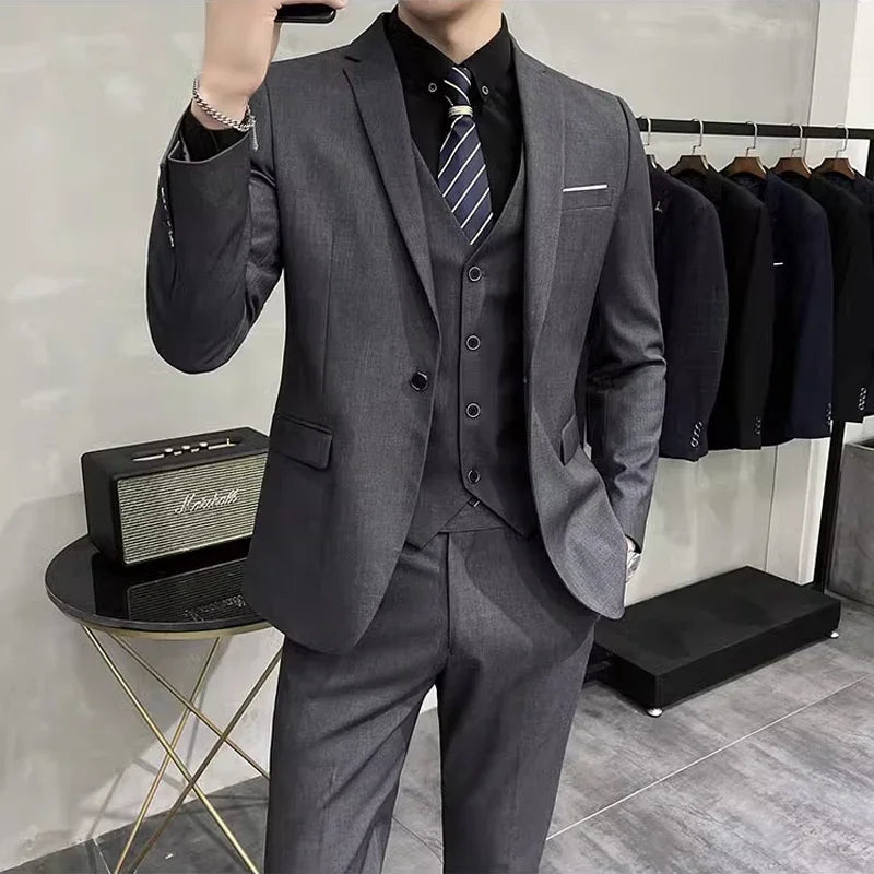 Groom's Wedding Dress ( Jacket + Vest + Pants ) High End Brand Solid Color Men's Casual Business Office Formal Suit 3Pcs Sets