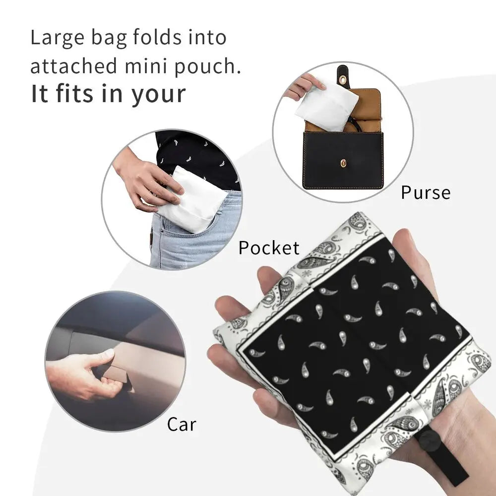 Funny Black Bandana Pattern Shopping Tote Bag Portable Paisley Style Groceries Shopper Shoulder Bag