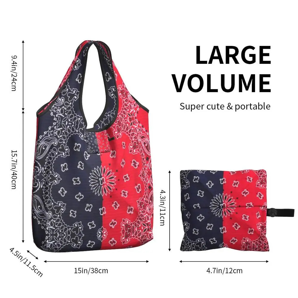Funny Black Bandana Pattern Shopping Tote Bag Portable Paisley Style Groceries Shopper Shoulder Bag