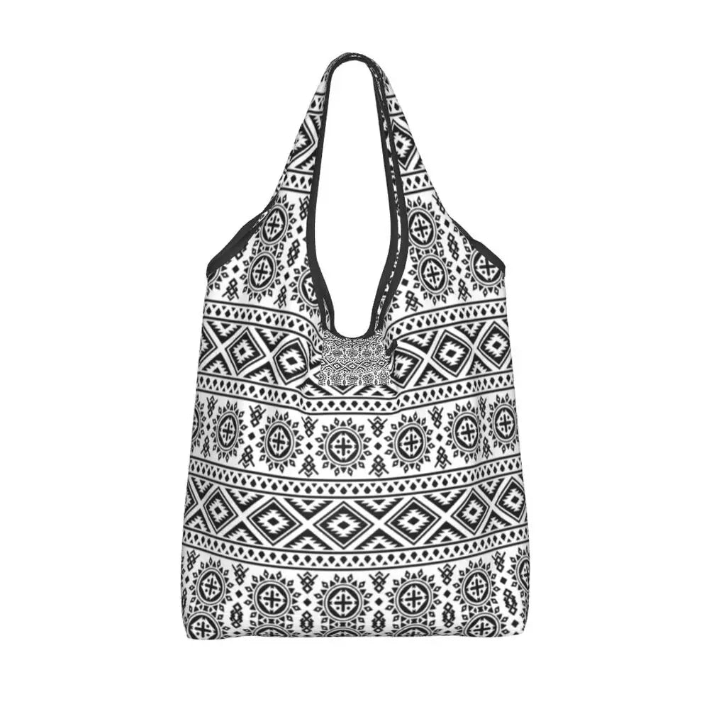 Funny Black Bandana Pattern Shopping Tote Bag Portable Paisley Style Groceries Shopper Shoulder Bag