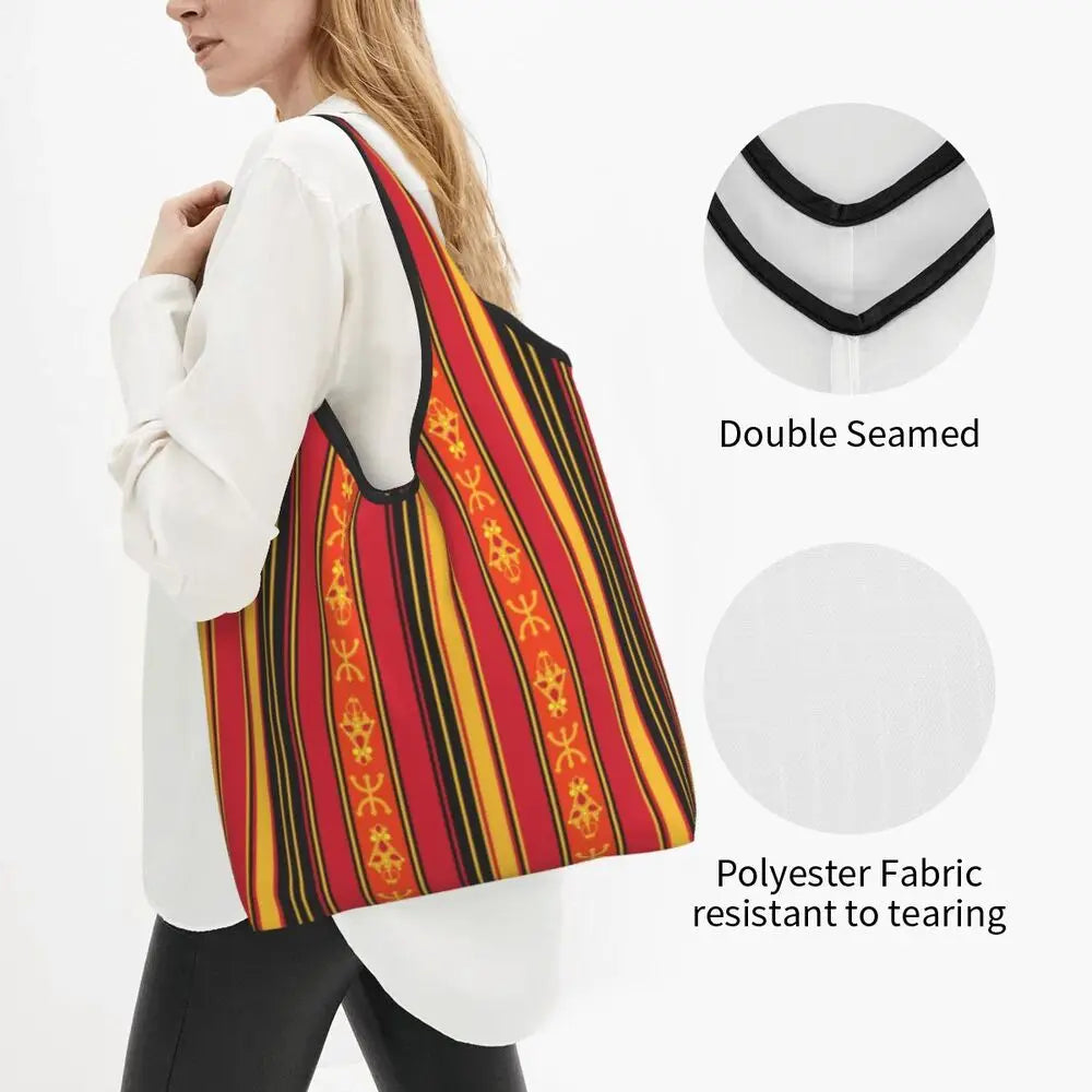 Custom Kabyle Jewelry Shopping Bags Women Portable Large Capacity Groceries Amazigh Carpet Berber Shopper Tote Bags