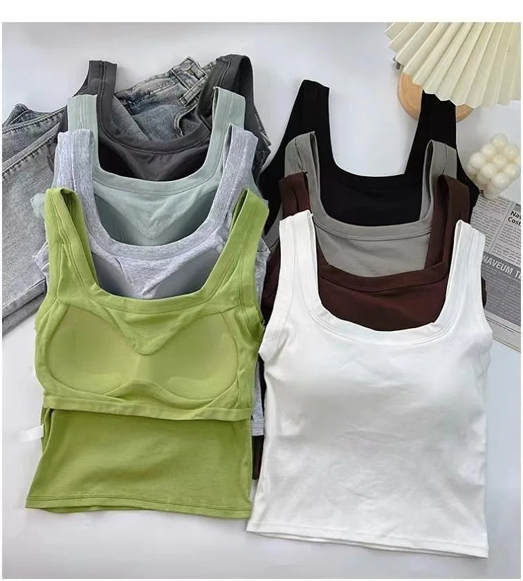 Pure Cotton Square Neck Vest for Women with Chest Pad Sling Bottoming Sexy Short Top Tank Top Women Wholesale 여성용 조끼