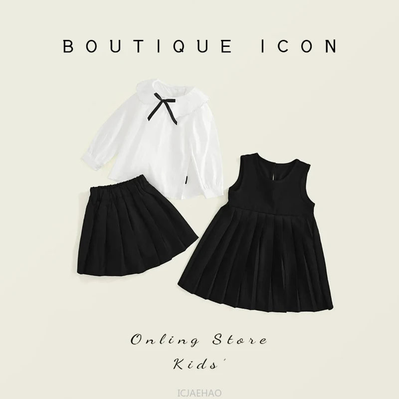Sundress Black for Girls Children Junior Dress Elementary School Student Uniform Suit School Kids White Blouse Pleated Skirt Set