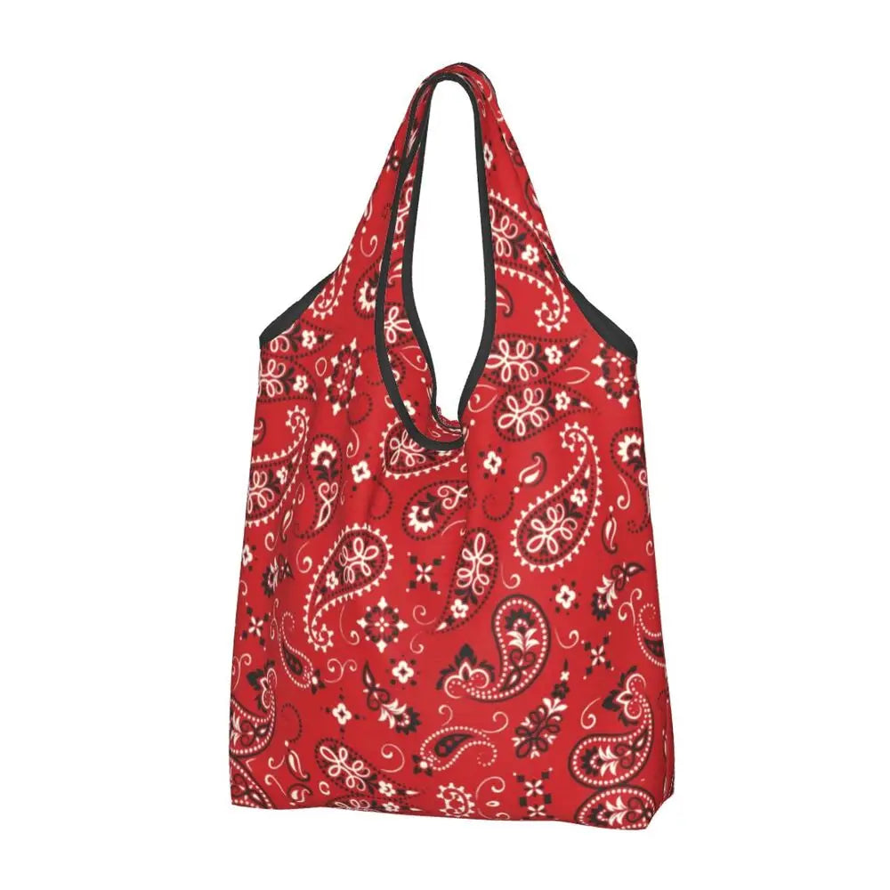 Funny Black Bandana Pattern Shopping Tote Bag Portable Paisley Style Groceries Shopper Shoulder Bag